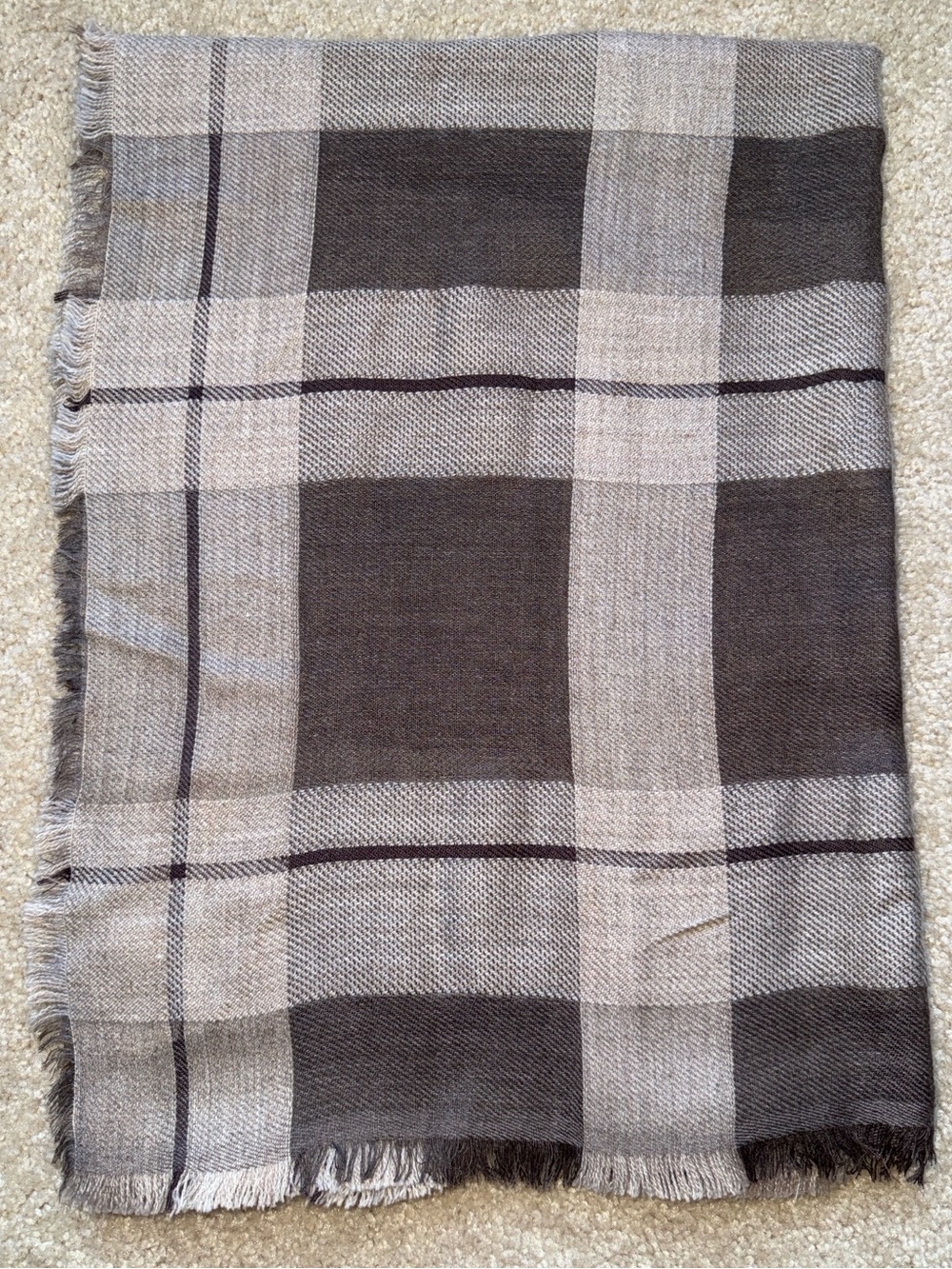 J Jill Classic Plaid Fringe Lightweight Scarf in Mocha, NWT